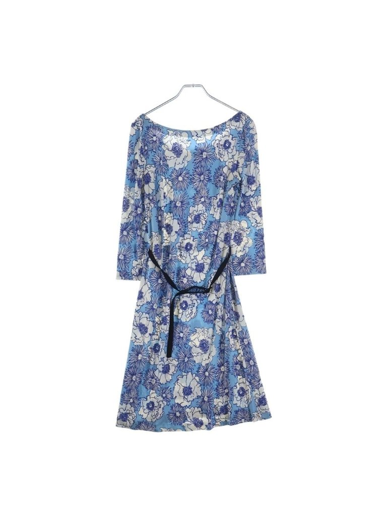 Prada Flower Print Knee Length Short Sleeve Dress Light Blue 42